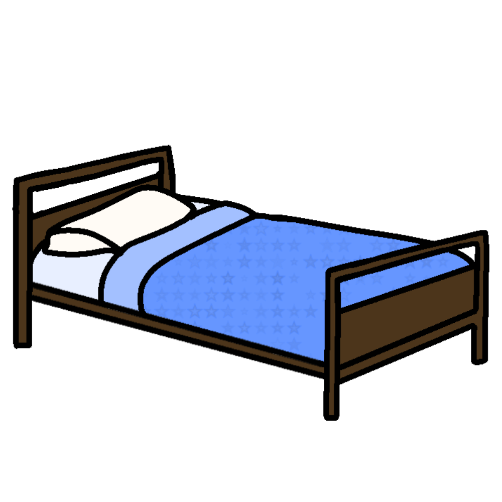 A bed with a dark brown frame, blue blanket, and a single slightly off white pillow.